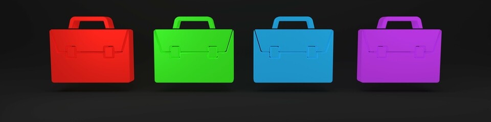 Poster - Colorful Briefcase icon isolated on black background. Business case sign. Business portfolio. Minimalism concept. 3D render illustration