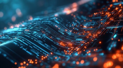 Fototapete - Futuristic technology background with glowing digital elements and circuit board in blue and orange tones, showcasing a high-tech scene. This 3D rendering represents a digital concept of big data visu