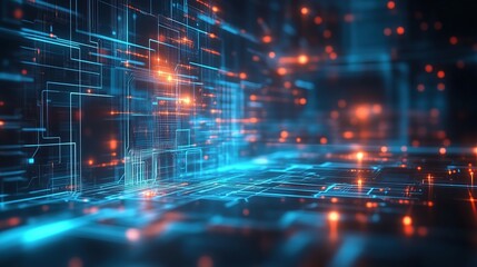 Fototapete - Futuristic technology background with glowing digital elements and circuit board in blue and orange tones, showcasing a high-tech scene. This 3D rendering represents a digital concept of big data visu
