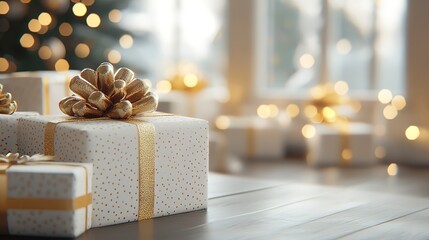 Poster - White & gold Christmas presents in living room with blurred window and bokeh lights