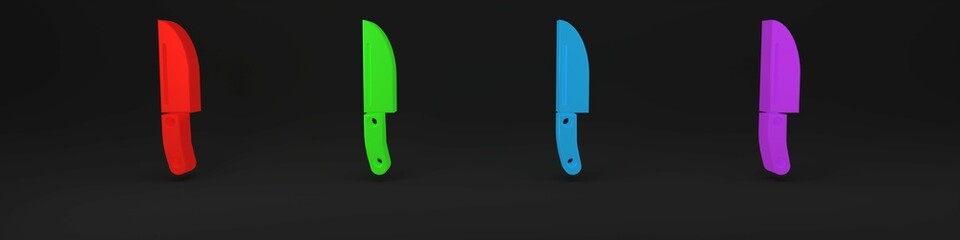 Poster - Colorful Knife icon isolated on black background. Cutlery symbol. Minimalism concept. 3D render illustration