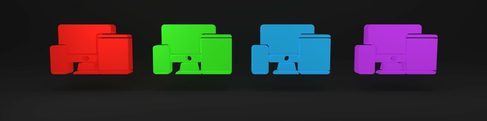 Poster - Colorful Computer monitor, graphic tablet and mobile phone icon isolated on black background. Earnings in the Internet, marketing. Minimalism concept. 3D render illustration