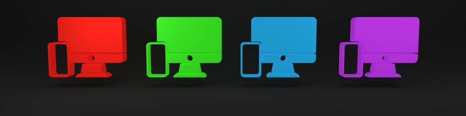 Poster - Colorful Computer monitor and mobile phone icon isolated on black background. Earnings in the Internet, marketing. Minimalism concept. 3D render illustration