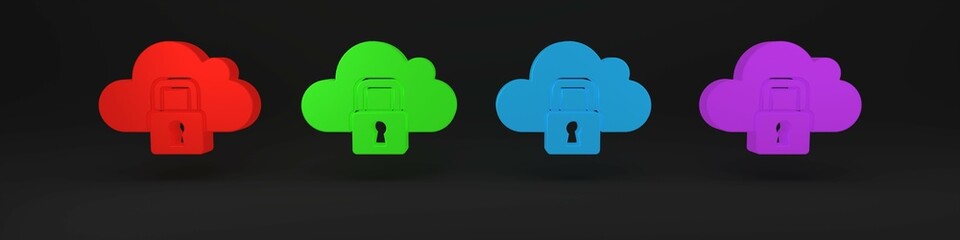 Poster - colorful cloud computing lock icon isolated on black background. security, safety, protection concep