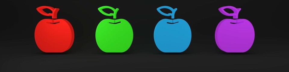 Wall Mural - Colorful Apple icon isolated on black background. Fruit with leaf symbol. Minimalism concept. 3D render illustration