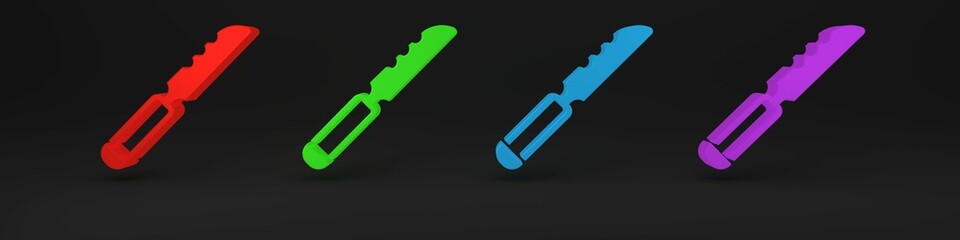 Poster - Colorful Bread knife icon isolated on black background. Cutlery symbol. Minimalism concept. 3D render illustration