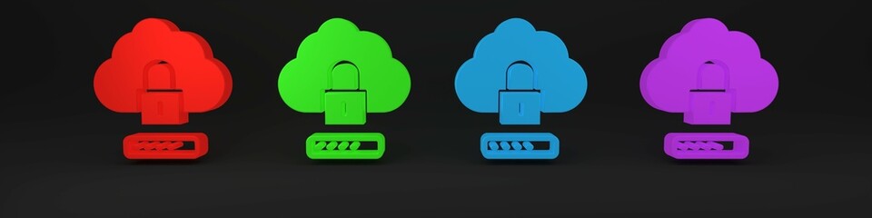 Poster - colorful cloud computing lock icon isolated on black background. security, safety, protection concep