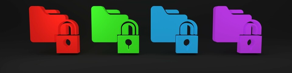 Poster - colorful folder and lock icon isolated on black background. closed folder and padlock. security, saf