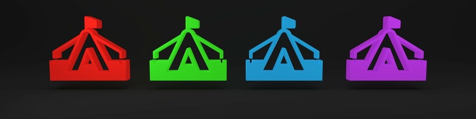 Colorful Tourist tent icon isolated on black background. Camping symbol. Minimalism concept. 3D render illustration