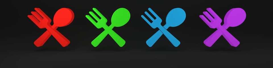 Poster - colorful crossed fork and spoon icon isolated on black background. cooking utensil. cutlery sign. mi