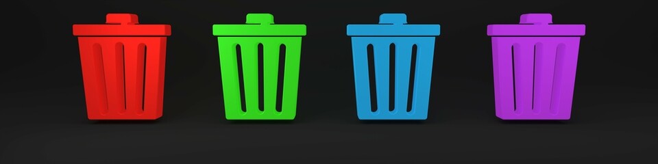 Poster - Colorful Trash can icon isolated on black background. Garbage bin sign. Recycle basket icon. Office trash icon. Minimalism concept. 3D render illustration