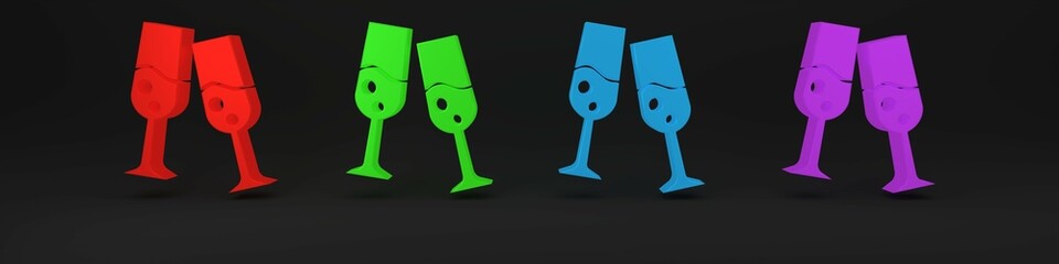 Canvas Print - Colorful Glass of champagne icon isolated on black background. Merry Christmas and Happy New Year. Minimalism concept. 3D render illustration