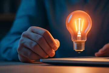 A glowing light bulb hovers above a hand, symbolizing creativity and innovation in a modern workspace.