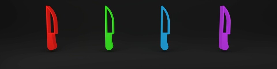 Poster - Colorful Knife icon isolated on black background. Cutlery symbol. Minimalism concept. 3D render illustration
