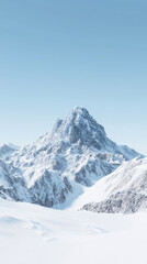 Naklejka na meble A majestic snow-capped mountain peak rises against a clear blue sky, showcasing the pristine beauty of a winter wonderland.