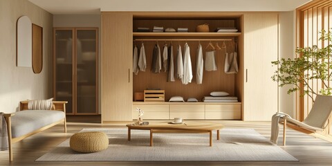 Poster - Minimalist living room with wooden closet and rug.