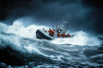 A rescue boat navigates turbulent waters during a storm, showcasing bravery and determination in extreme conditions.