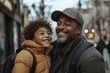 © Pixel Hues - Generative AI illustration portrait of happy African American father and son with backpack laughing together while smiling and looking away on street, Generative AI