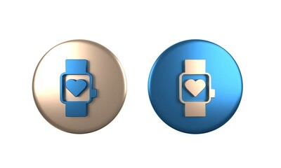 Poster - Colorful Smart watch showing heart beat rate icon isolated on white background. Fitness App concept. Circle button. 3D render illustration