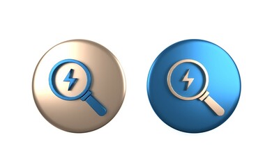 Poster - Colorful Magnifying glass with lightning bolt icon isolated on white background. Flash sign. Charge flash. Thunder bolt. Lighting strike. Circle button. 3D render illustration