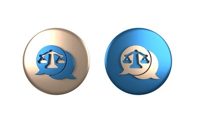 Poster - Colorful Scales of justice icon isolated on white background. Court of law symbol. Balance scale sign. Circle button. 3D render illustration