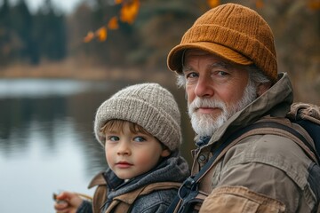 Wall Mural - Close up of father and son fishing near a lake, Generative AI