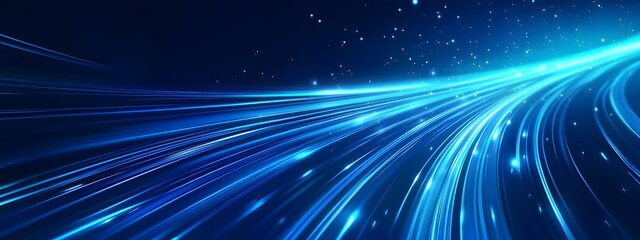 Blue light speed background with glowing lines, blue abstract technology banner design for digital video and film production, motion graphics or futuristic website template