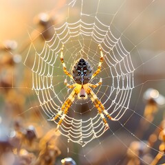 Intricate Spider Web Glistening with Morning Dew Illustrating Precision and Patience in Nature