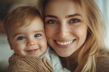 Wall Mural - happy family mom and son smile in the arms, Generative AI