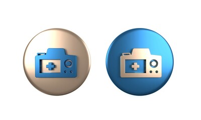 Sticker - Colorful Photo camera icon isolated on white background. Foto camera. Digital photography. Circle button. 3D render illustration