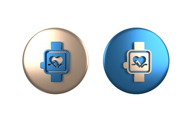 Poster - Colorful Smart watch showing heart beat rate icon isolated on white background. Fitness App concept. Circle button. 3D render illustration