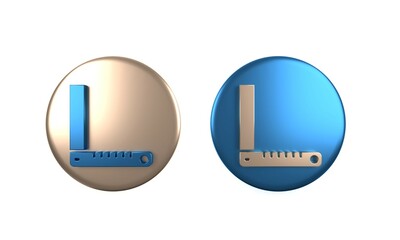 Poster - Colorful Corner ruler icon isolated on white background. Setsquare, angle ruler, carpentry, measuring utensil, scale. Circle button. 3D render illustration
