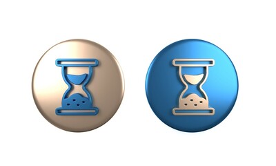 Poster - Colorful Old hourglass with flowing sand icon isolated on white background. Sand clock sign. Business and time management concept. Circle button. 3D render illustration