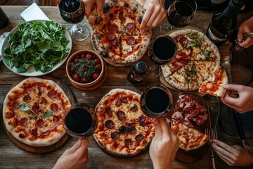 Wall Mural - Family or friends having pizza party dinner. Flat-lay of people taking and eating various kinds of pizza and drinking red wine over rustic wooden table, top view. Fast food lunch, Generative AI