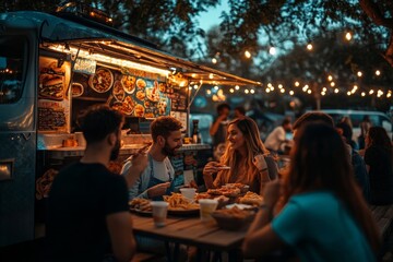 multiethnic group of  people socializing while eating outdoor in front of modified truck for fast food, Generative AI