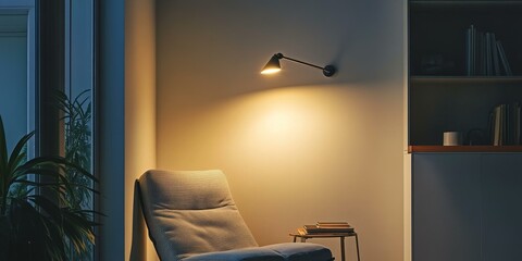 Poster - Cozy corner with a chair, light, books and a plant.