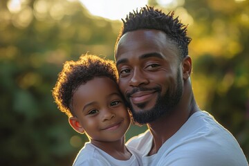 Dad, boy touch face in outdoor park or backyard for summer bonding, happiness together and sunshine. Father son, happy black man in nature for love smile and quality time with, Generative AI