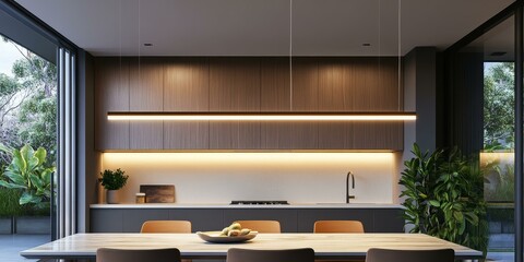 Poster - Modern kitchen with wood cabinets and a large dining table.