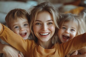 Overjoyed young mother play with excited little preschooler children enjoy family weekend at home, happy mom have fun engaged in funny game activity with small kids, relax rest, Generative AI