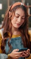 Poster - House, typing and woman with smartphone, funny and connection with social media, online comedy and chatting. Person, apartment or girl with cellphone, mobile user and text with message, smile or joke