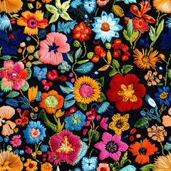 Canvas Print - Colorful Flowers Embroidered Decorative Textile Seamless Pattern