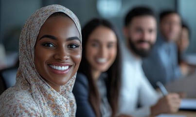 Business meeting. Group of happy smiling multiracial business people discussing project, working together while sitting in a conference room in the modern coworking, Generative AI