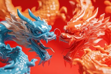 Two dragon figurines, one blue and one red, are facing each other