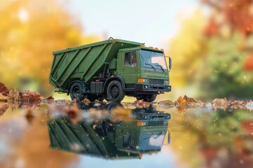 A dump truck is driving through a rainstorm