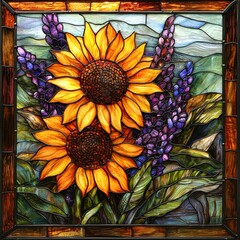 Wall Mural - A vibrant stained glass artwork featuring bright sunflowers and purple flowers, perfect for adding a touch of elegance to interiors, art galleries, cafes, or craft-related websites,