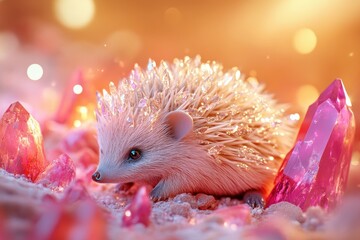 Wall Mural - A white hedgehog is sitting on a bed of ice and snow