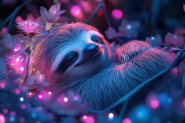 Sticker - A sloth is sitting on a flower in a garden