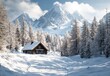 © Snowstudio - Snow covered mountains and hut surrounded by snowy trees