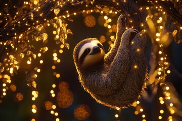 Wall Mural - A sloth hanging from a tree with lights around it