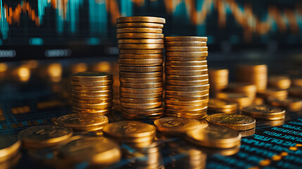 Wall Mural - A pile of gold coins on a table with a graph behind them. The coins are stacked on top of each other, creating a sense of wealth and abundance